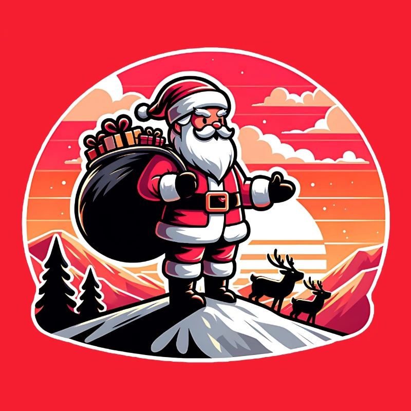 Weihnachtsmann mit Rentieren auf Bergspitze
