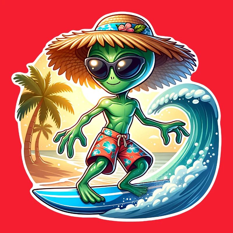 Lustiges kleines Alien auf Surfboard