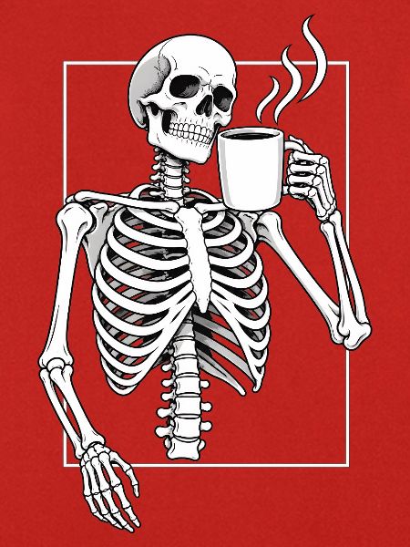 Skelett mit Morgenkaffee