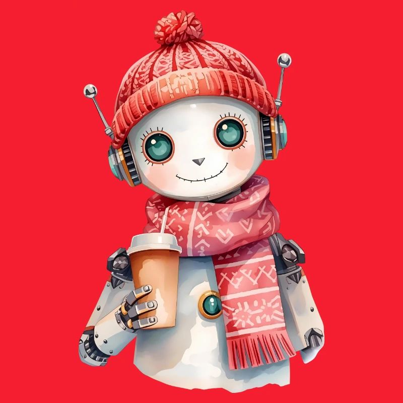 Robot aquarelle confortable avec café et écharpe d’hiver