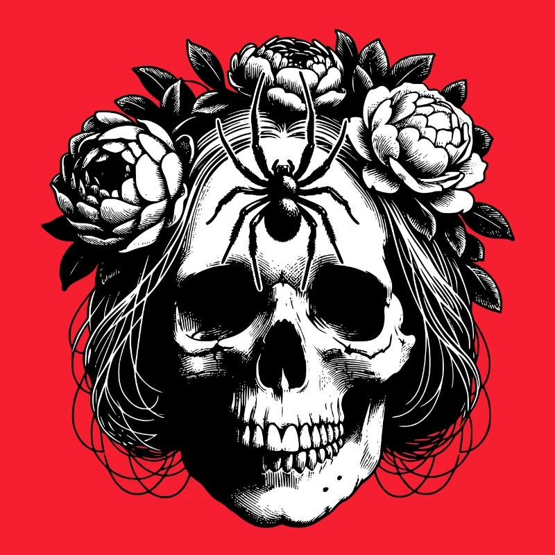 Skull with flower tendrils and large spider