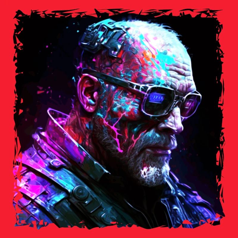Old high-tech cyborg or android in neon light