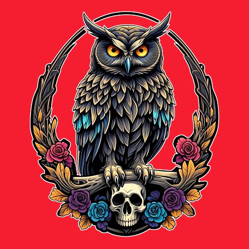 Dekorative Eule mit Skull und Rosenblüten