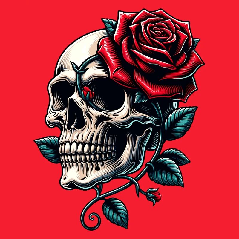 Crâne avec des roses rouges et des vrilles de rose