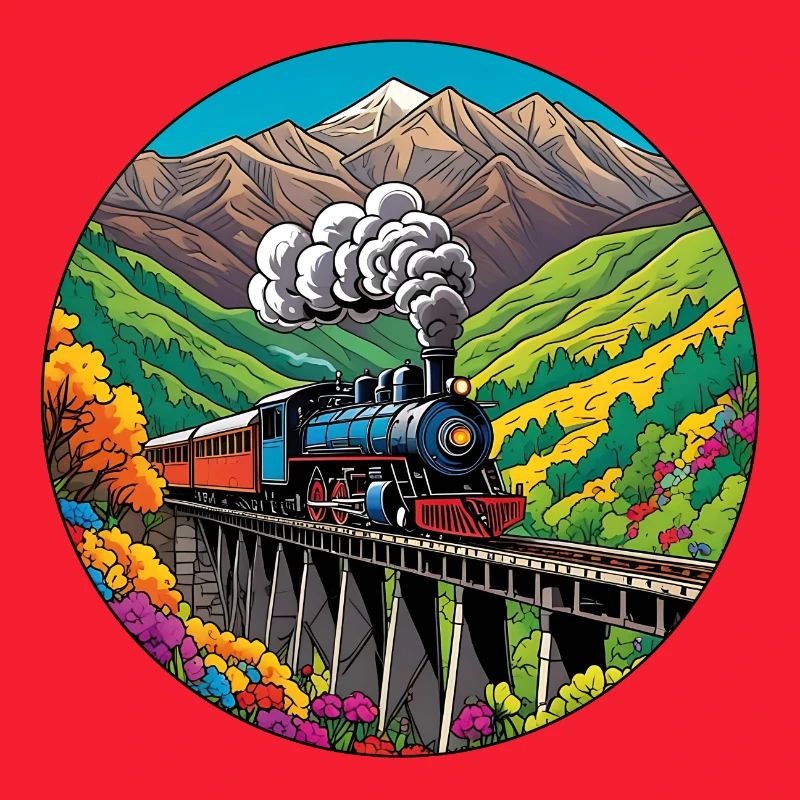 Bunter nostalgischer Eisenbahnzug mit Dampflok