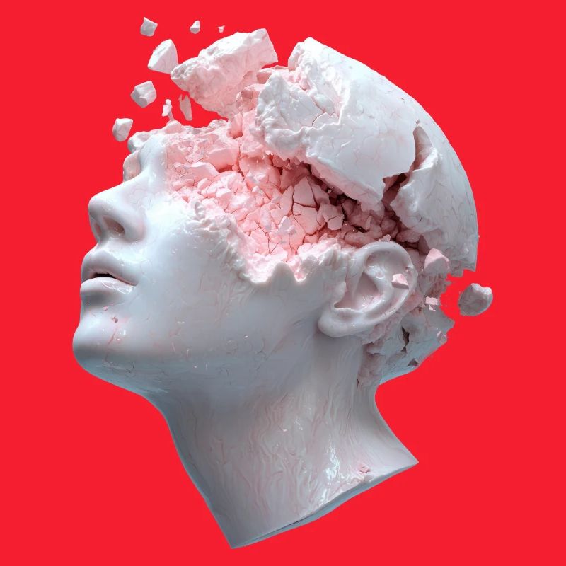 Decaying head, inner thoughts as debris