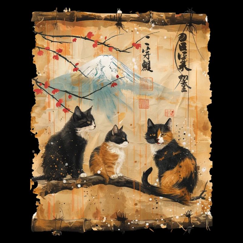 Mt. Fuji Kitten Papyrus Scroll Retro