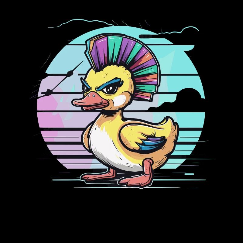 Punk duck with rainbow mohawk in front