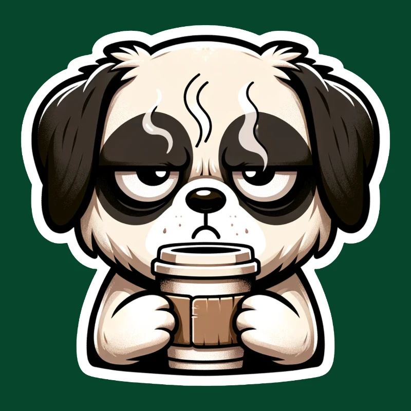 Grumpy dog drinking his morning coffee