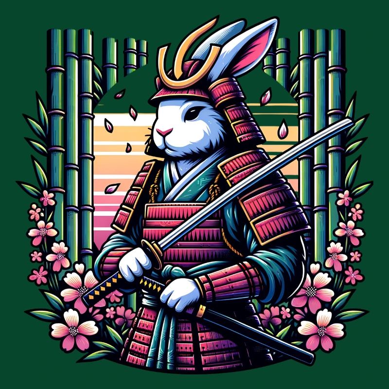 Lapin samouraï dans une forêt de bambous