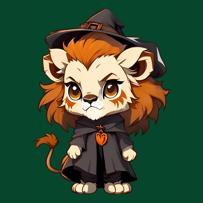 Lion d’Halloween mignon avec chapeau de sorcière.