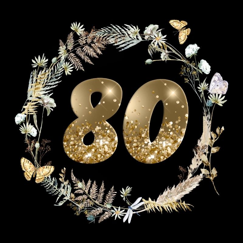 Number 80, glitter, boho wreath, customizable