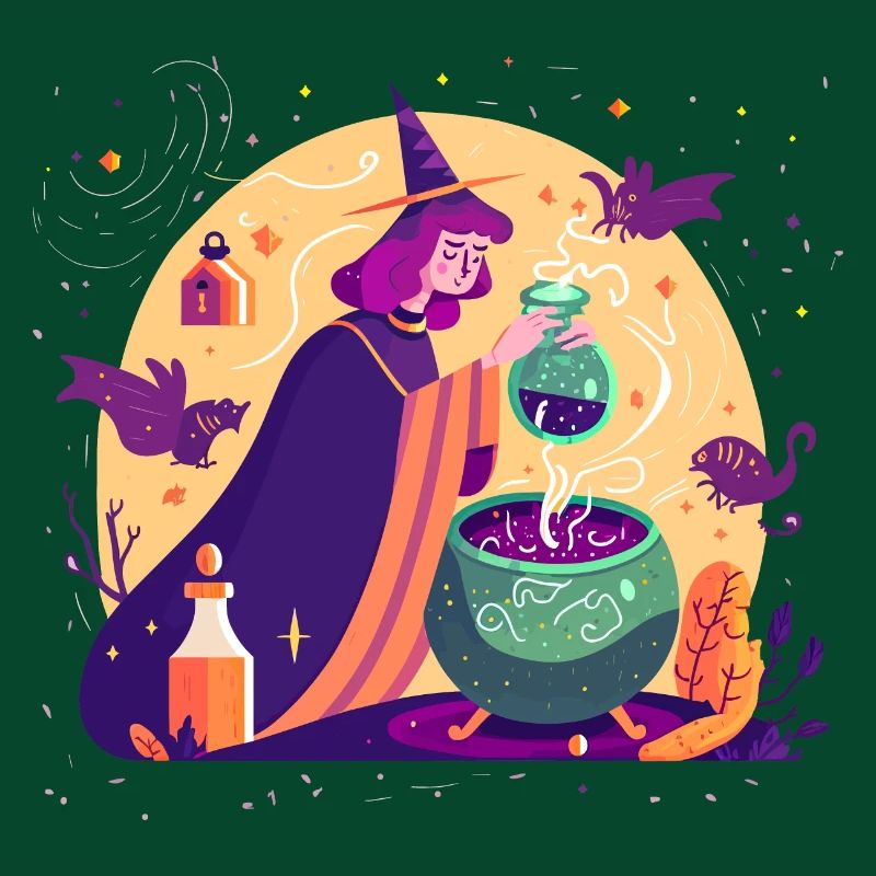 A young witch brewing a magic potion