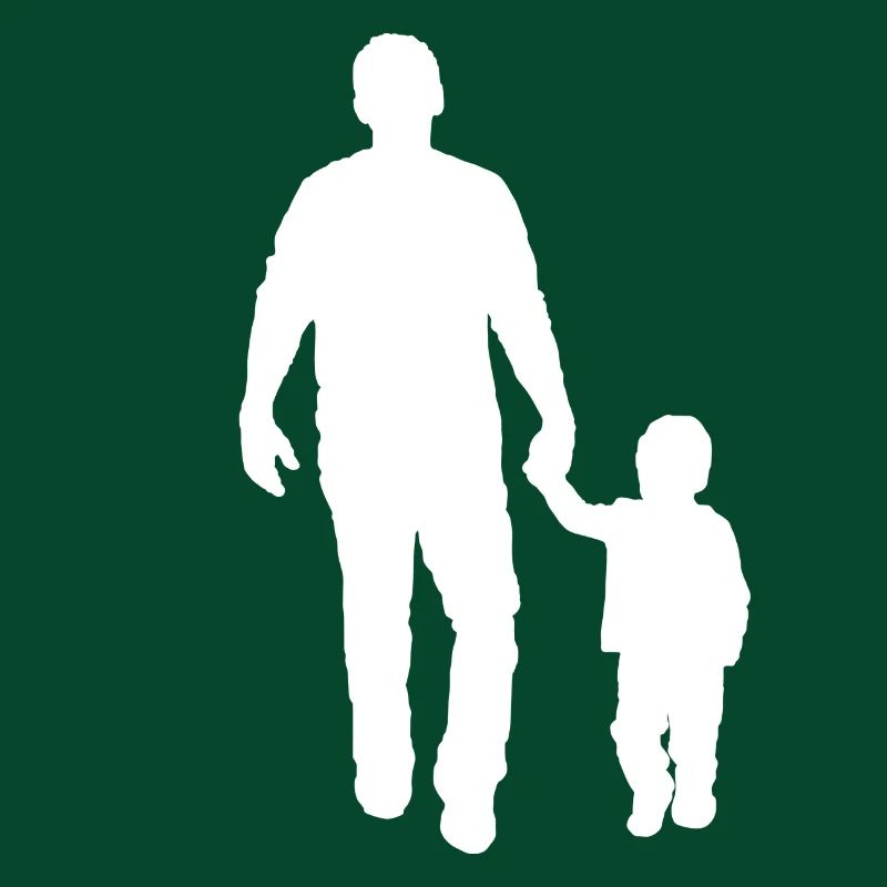 Father kid go for a walk hand in hand with gift