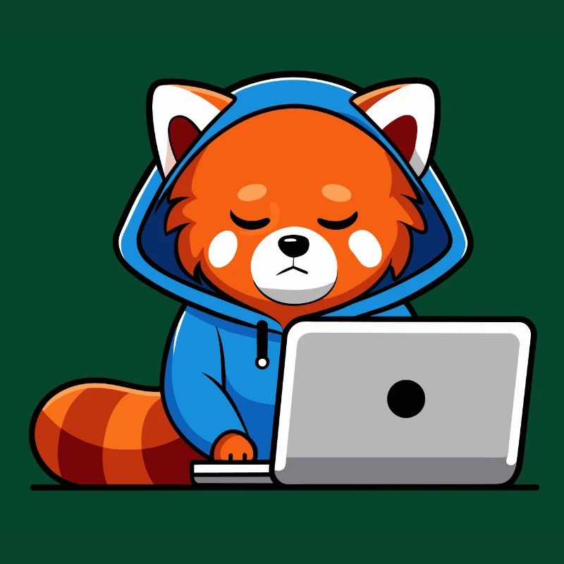 Mignon hacker panda roux en sweat à capuche devant PC