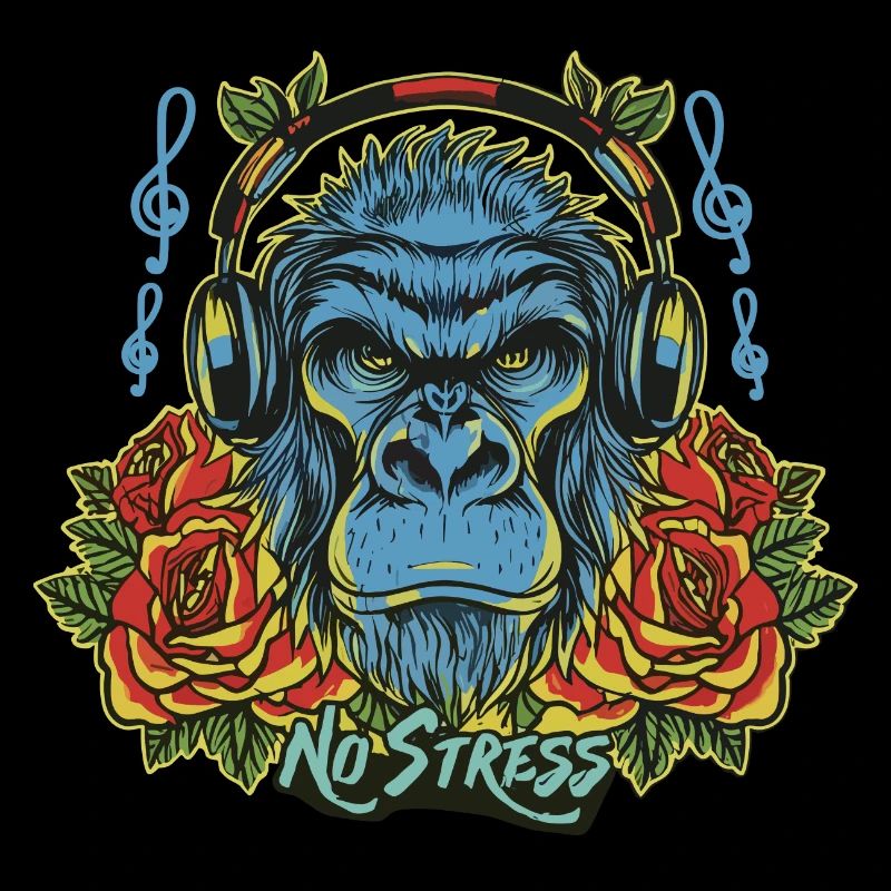 Gorilla mit Kopfhörer Lustiger Spruch NO STRESS