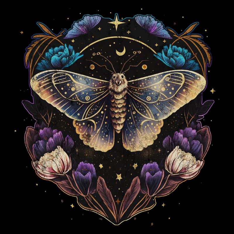 Moth, papillon de nuit, fleurs, lune, gothique, wicca