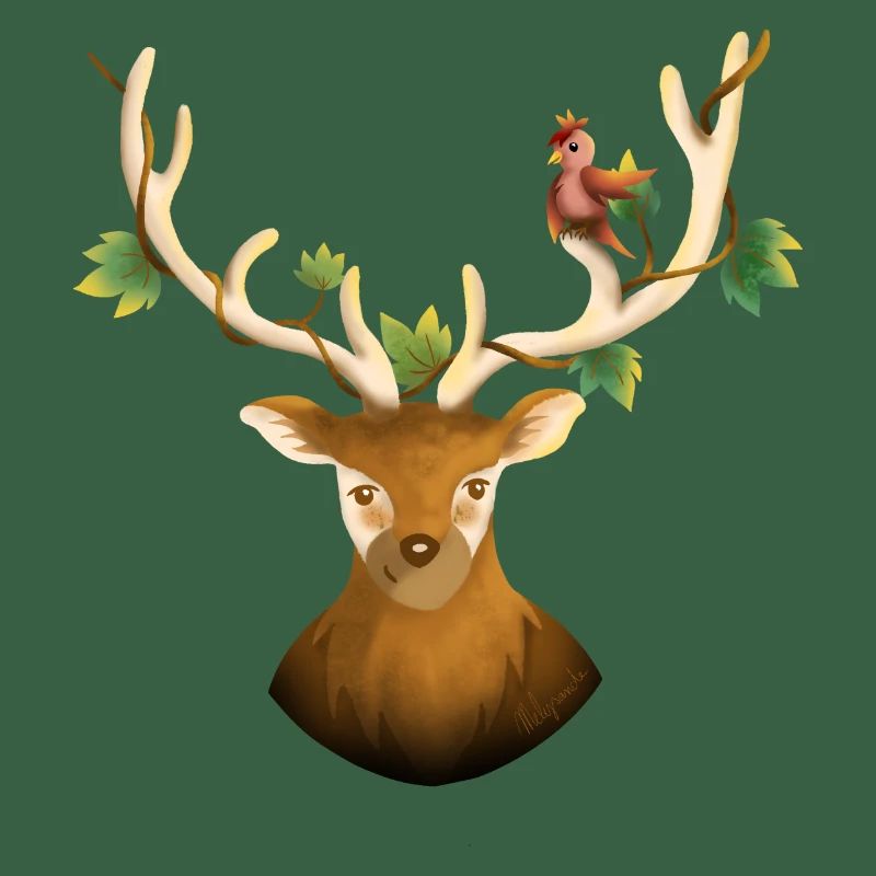 Hirsch oder Waldrentier mit Vogel und Efeu