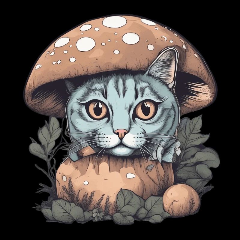 Cat Basking in Sunlight Under a Mushroom