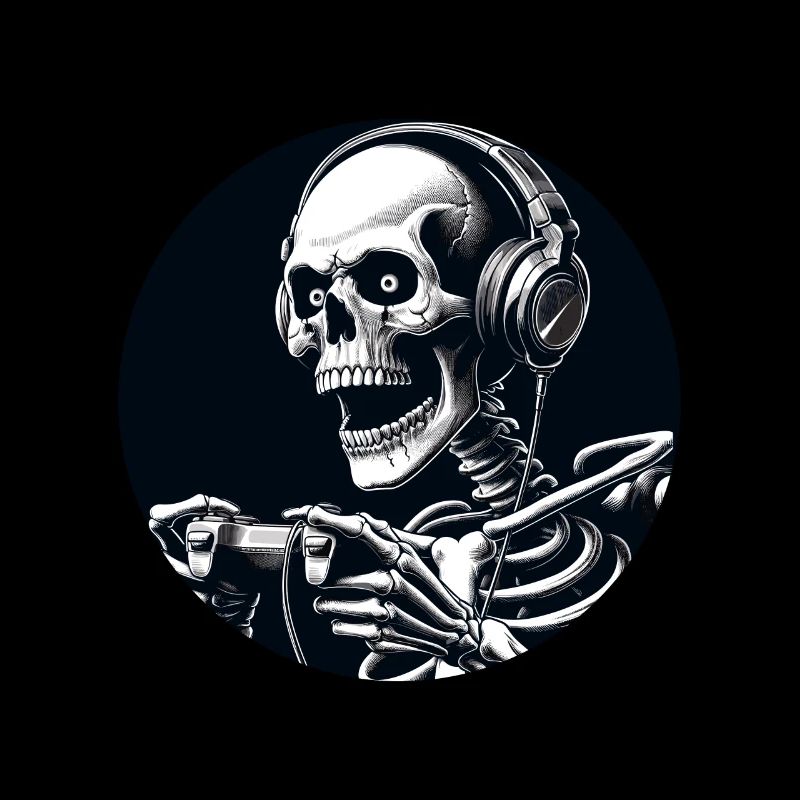 Skelett mit Gamecontroller und Kopfhörern