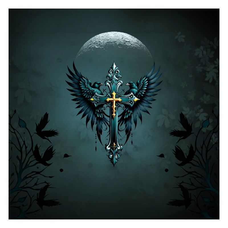 Gothic cross with decorative elements and birds.
