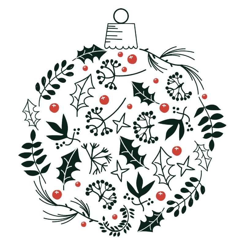 Weihnachtskugel mit Stechpalme und Vogelbeerblättern