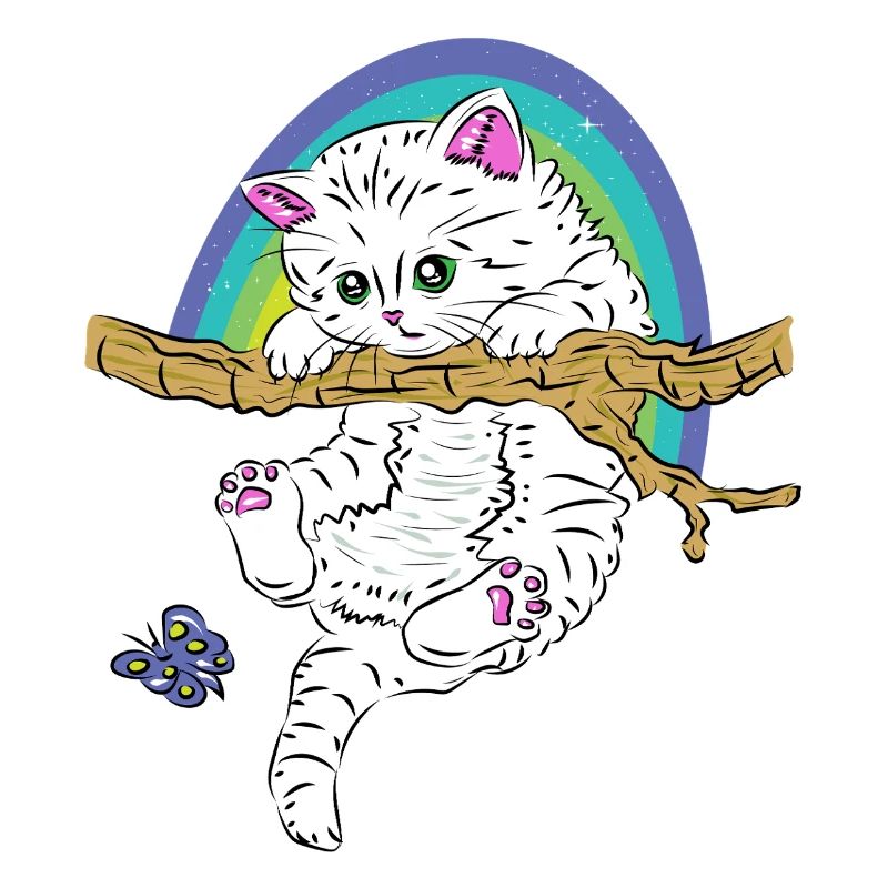 Chat sur branche joue avec un papillon