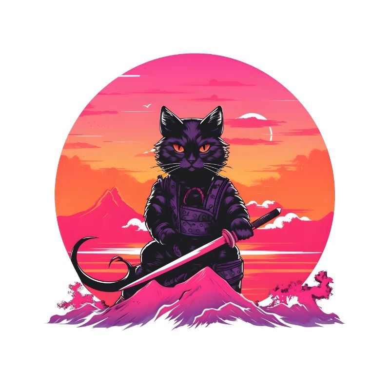 Synthwave samouraï Chat avec katana
