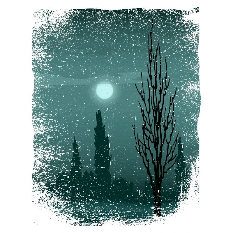 Moon shimmers on trees