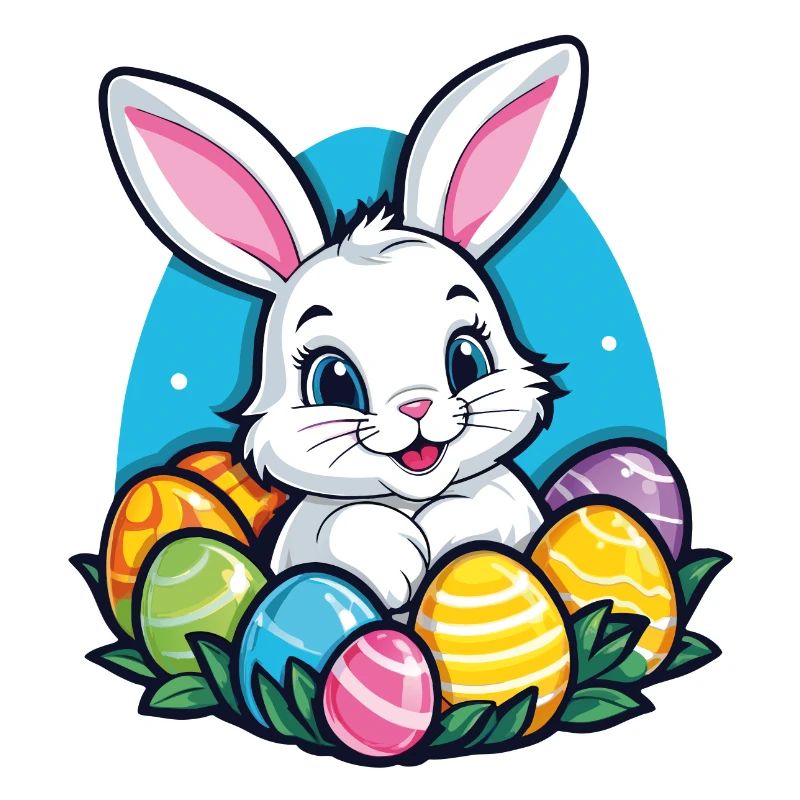 Funny little easter bunny with colorful eggs