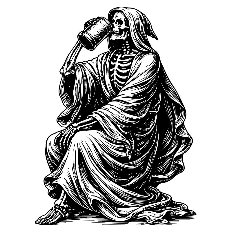 gothic skeleton drinking beer drawing