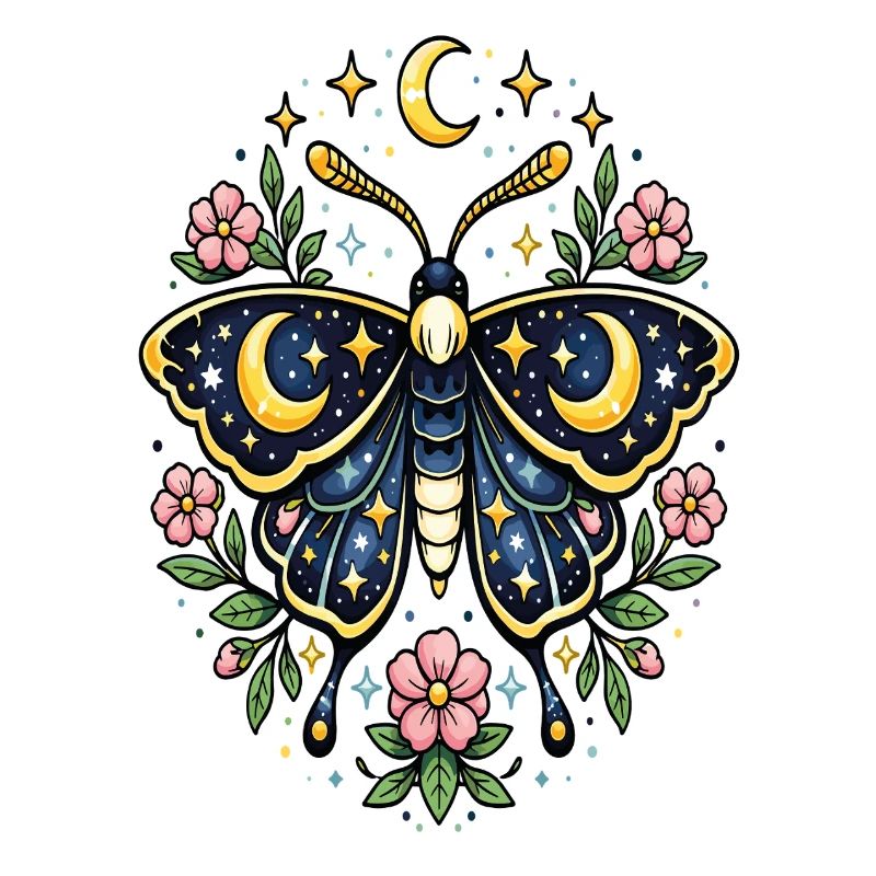 Papillon céleste lune fleurs étoiles