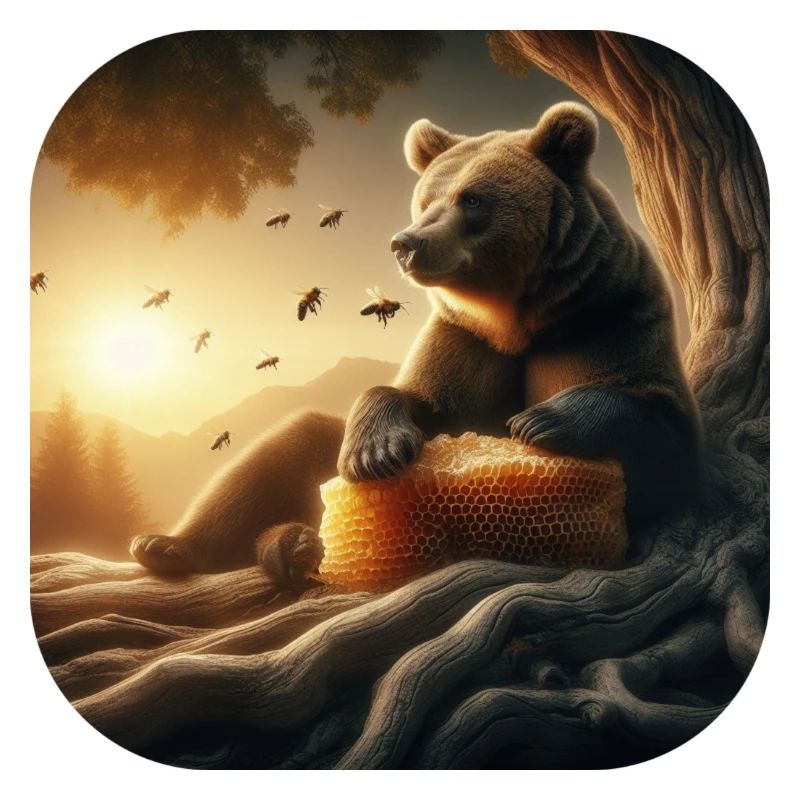 Ours brun assis devant un arbre au coucher du soleil