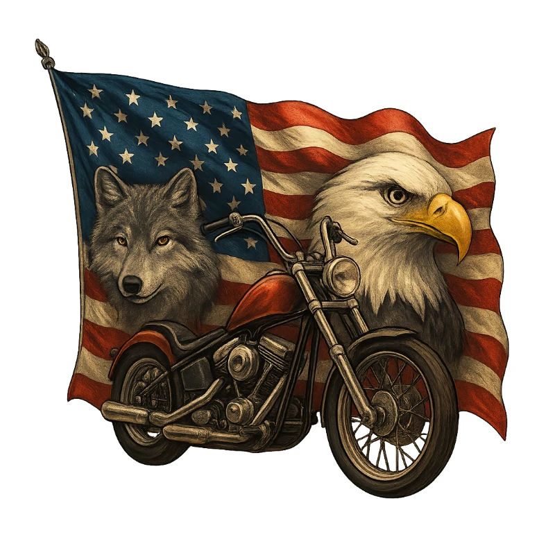 Chopper, wolf and eagle on US flag