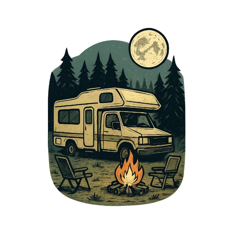 Nuit en forêt avec camping-car et feu de camp