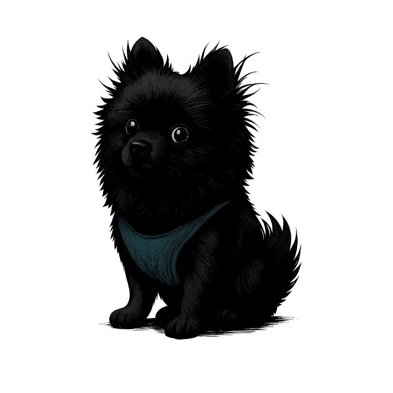 Schwarzer Spitz Hund mit blauer Weste