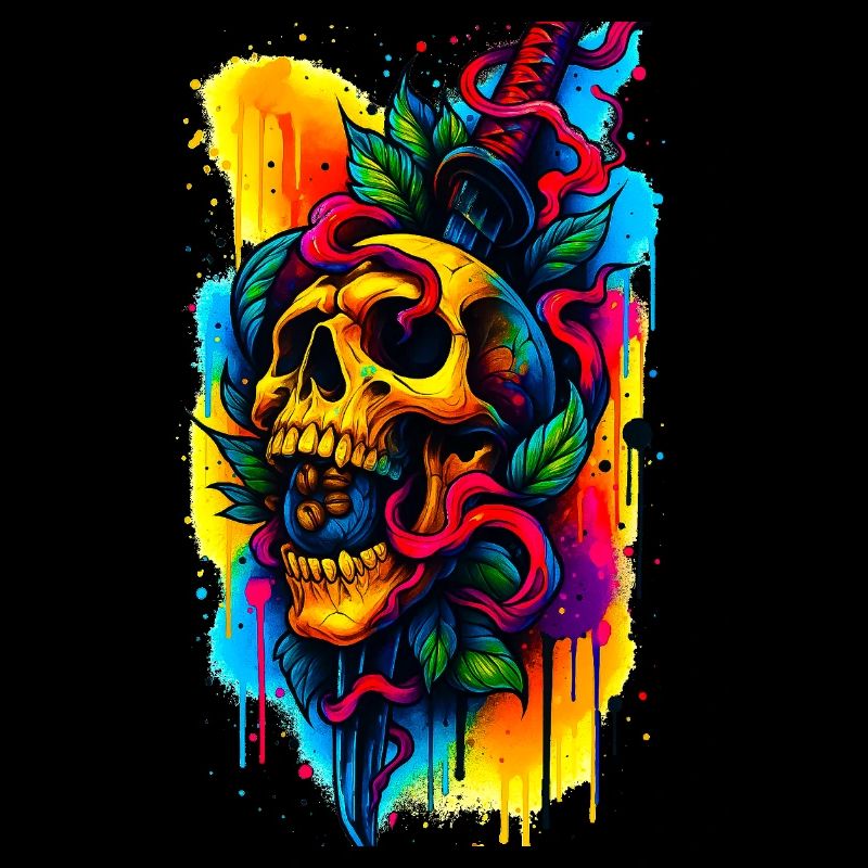 Crâne coloré avec couteau et feuilles