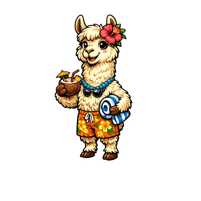 Lama am Strand mit Blumenschmuck