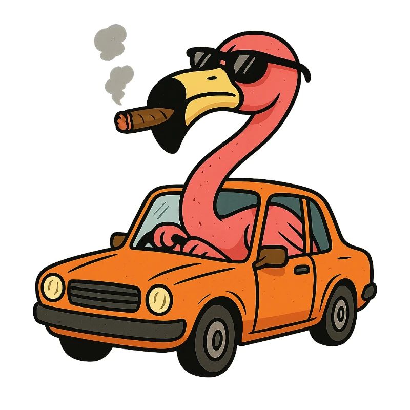Flamingo in einem orangefarbenen Auto