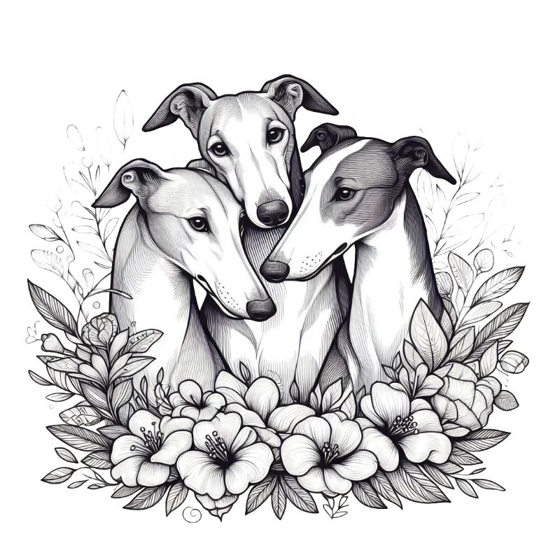 Trois lévriers dans un cercle de fleurs