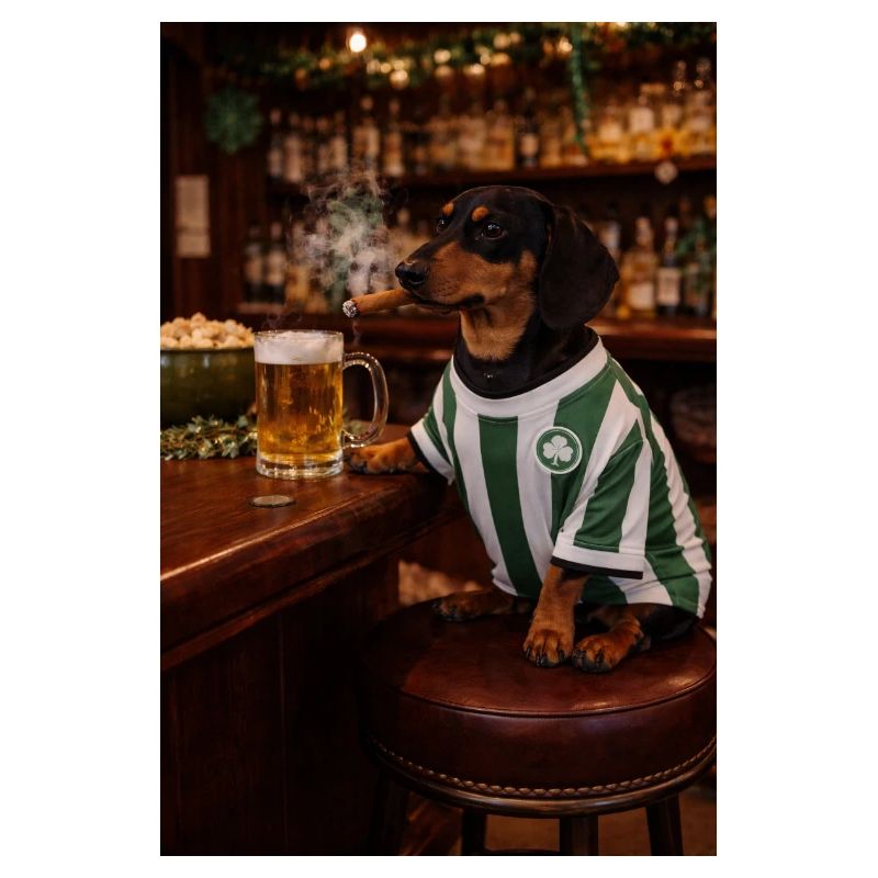 Dackel im Pubtrikot mit Kleeblatt