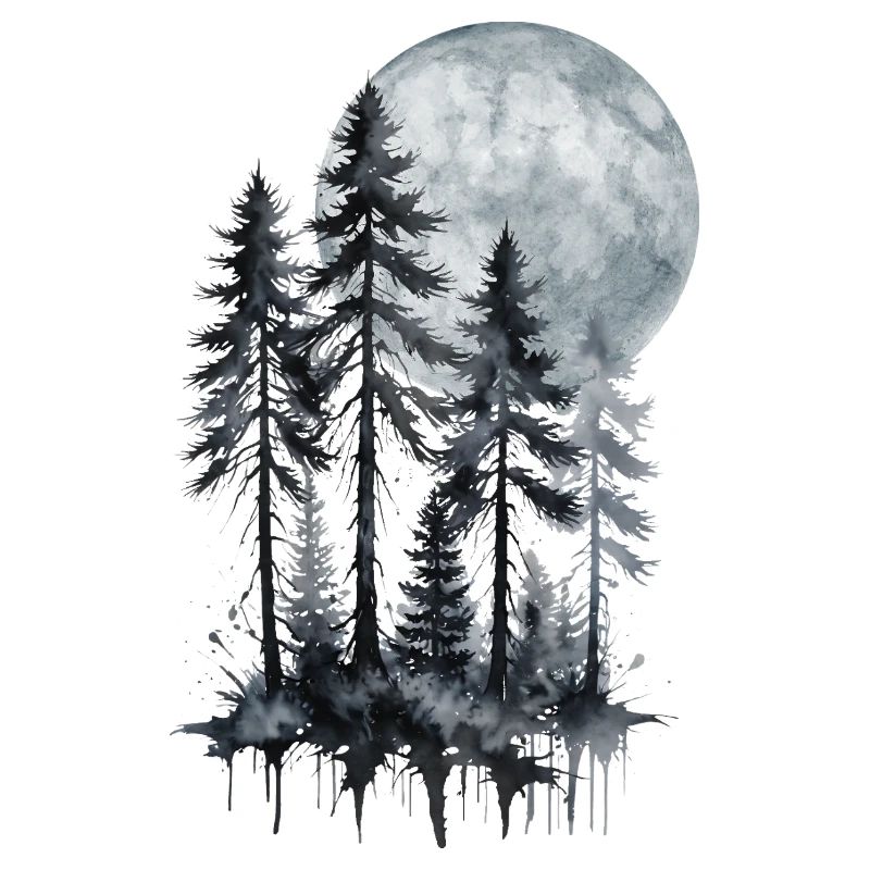 Moonlit Forest Watercolor Silhouette