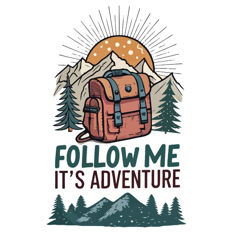 Backpack and mountains with adventure slogan
