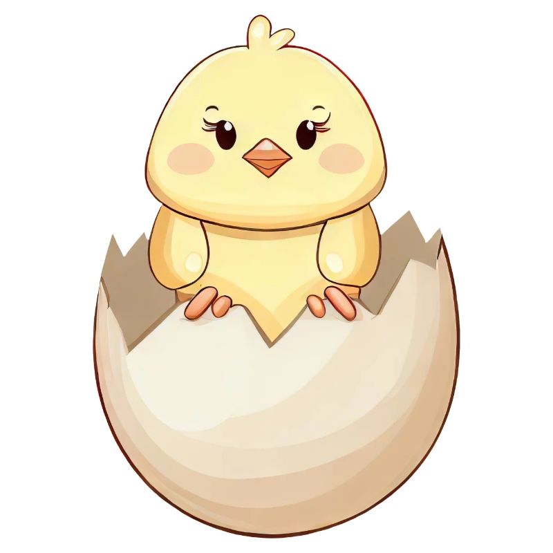 Cute kawaii chick, hatching from eggshell
