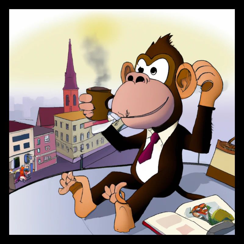 Cool monkey drinks a latte macchiato in the café