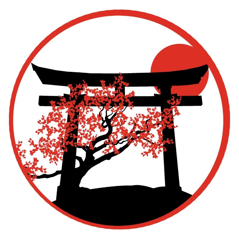 Serene Sunset: Torii Gate and Cherry Tree