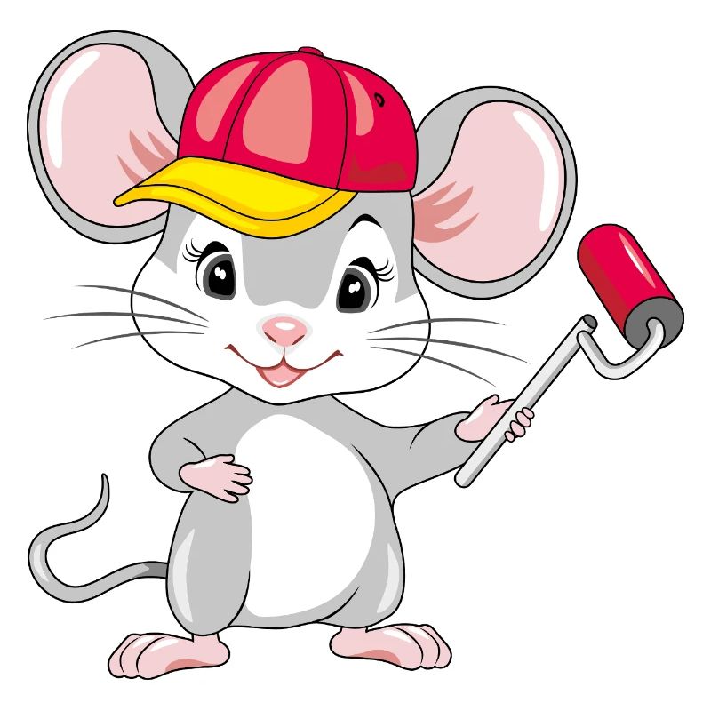 Smiling mouse with a paint roller in his hand