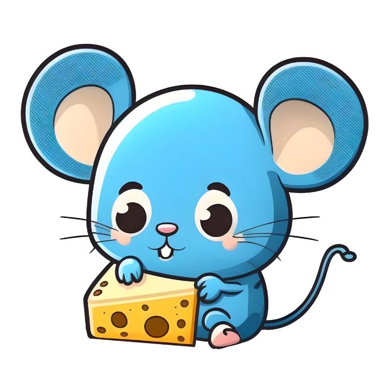 Little blue comic mouse plays with cheese