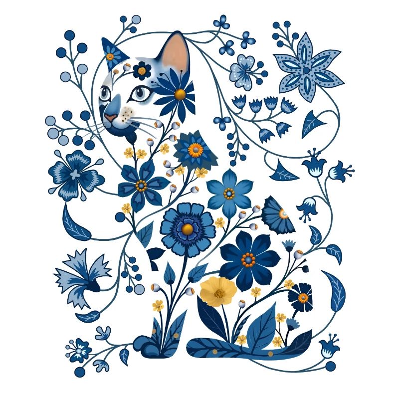Silhouette de chat floral azur