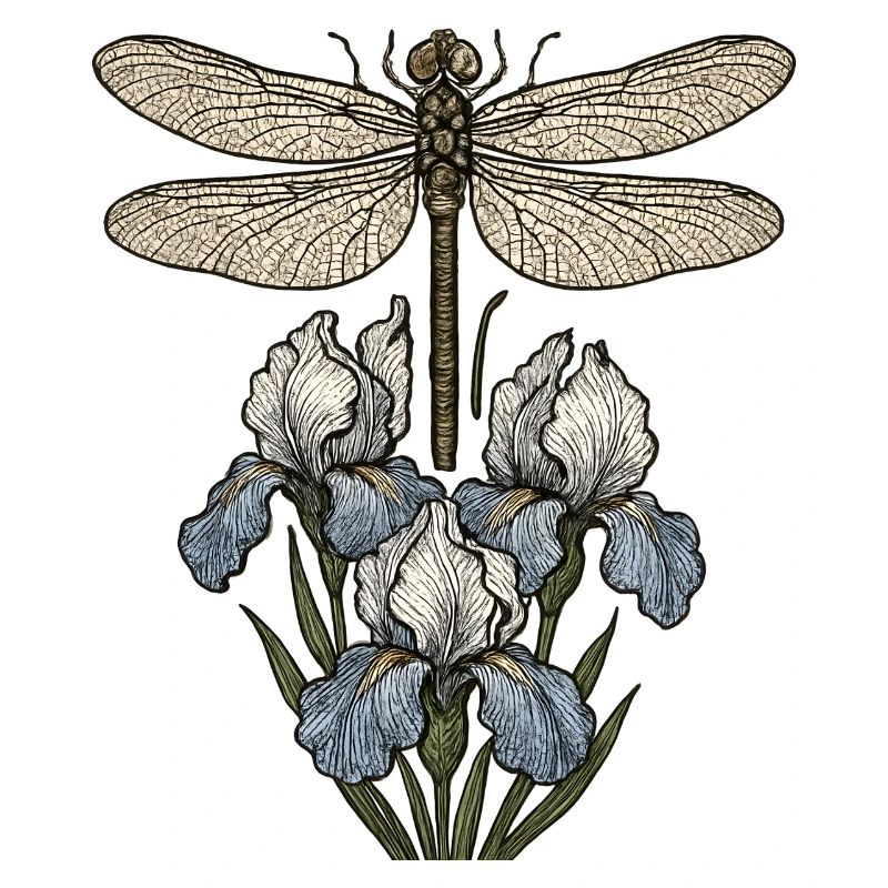 Libelle über Irisblüten